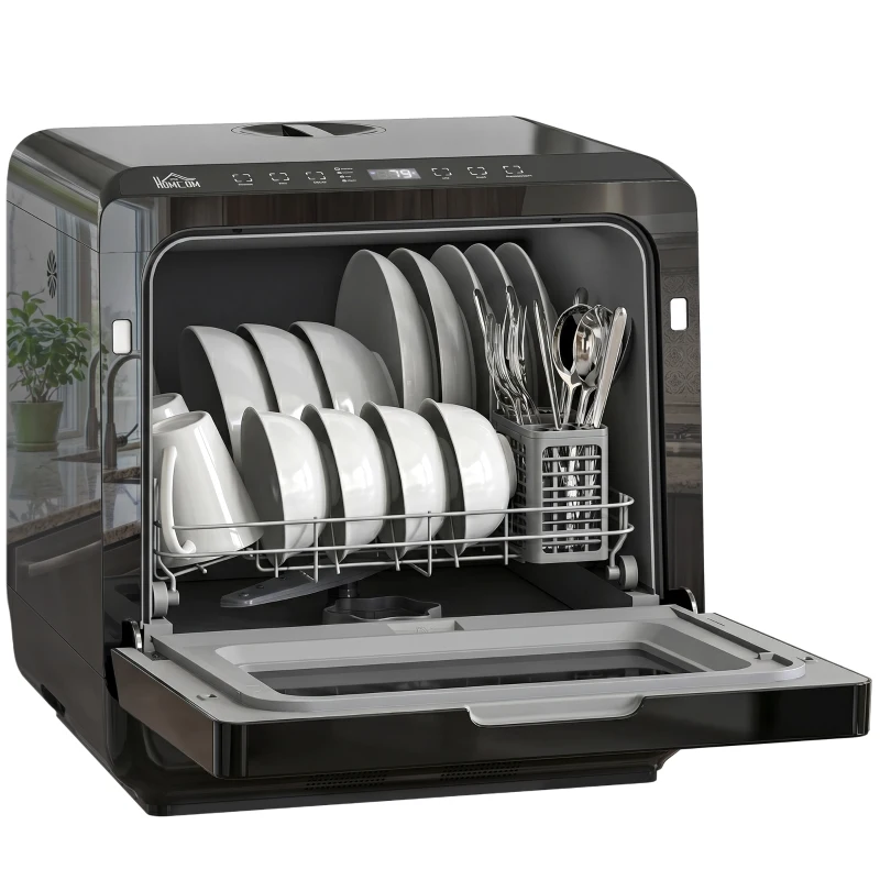 HOMCOM Lavavajillas de sobremesa, mini lavavajillas con depósito de 6 L, 5 programas, pantalla LED, función de secado, negro