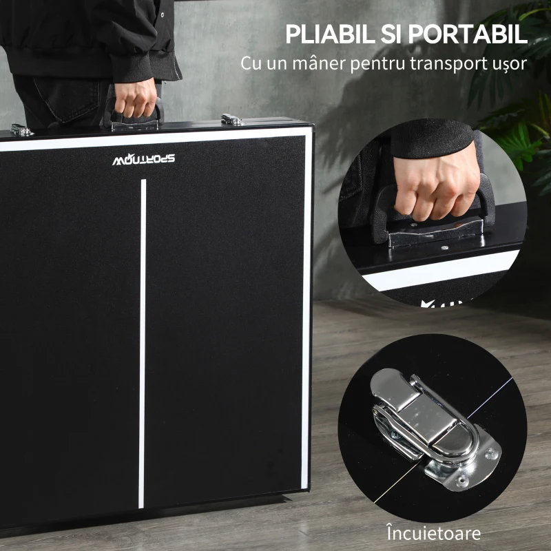 SPORTNOW Masă de Ping Pong Pliabilă cu Mâner pentru Transport, din Aluminiu și Lemn, 152x76x72 cm, Negru