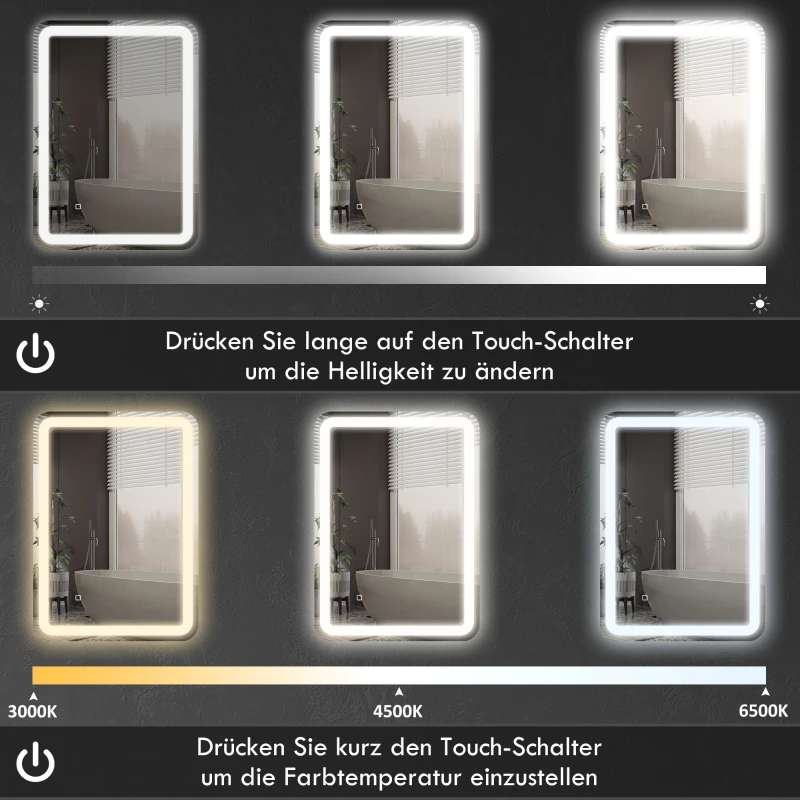 HOMCOM Badezimmerspiegel, beleuchtet, Touch-Steuerung, beschlagfrei, dimmbar, 3 Lichtfarben, 70x90, Silber