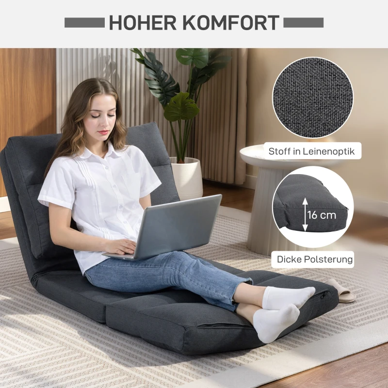 HOMCOM Sitzsack mit Bettfunktion, neigbare Lehne, klappbar, bis 120kg, 70 x 72 x 56 cm, Dunkelgrau