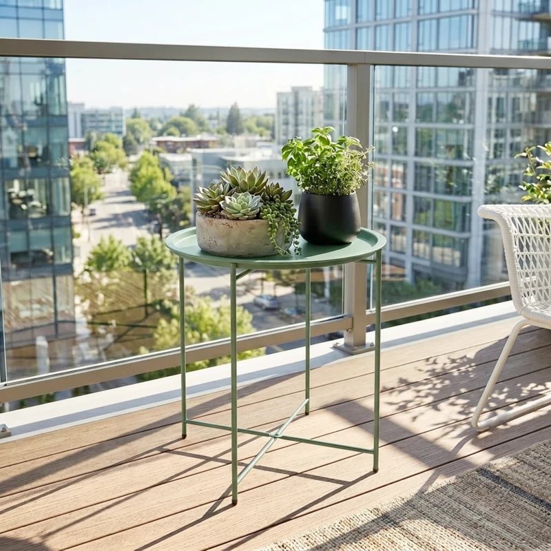 Outsunny Petite table basse ronde table d'appoint plateau amovible avec bord relevé pieds pliables en acier Ø 46 x 53 cm vert