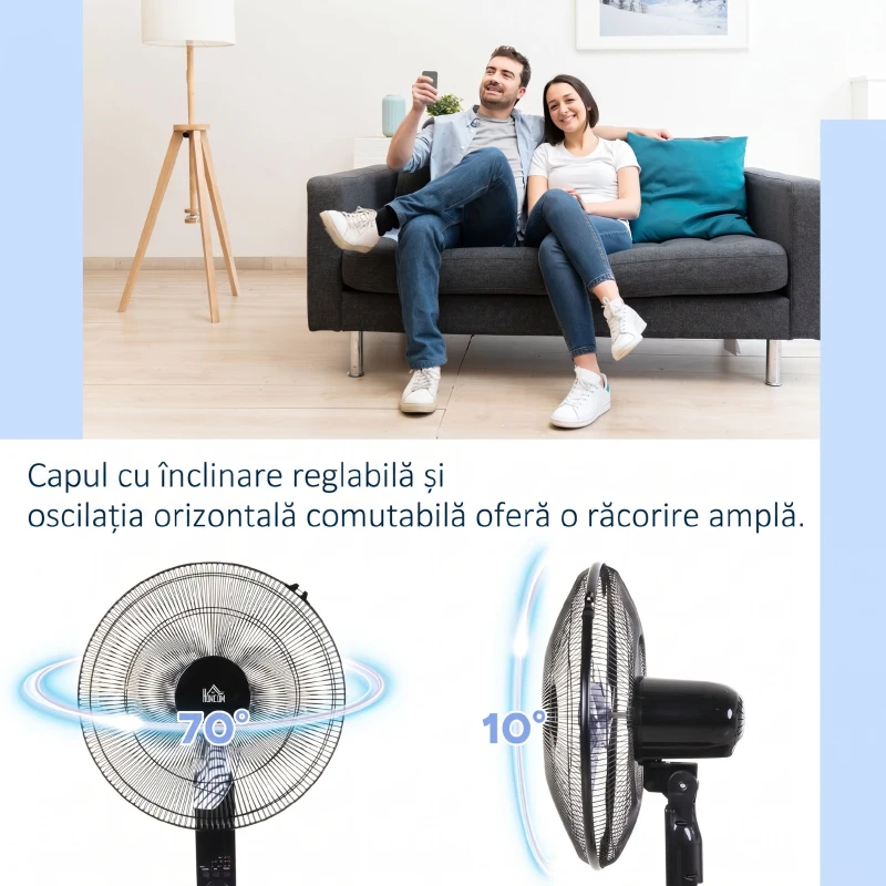HOMCOM, Ventilator de Podea, Cu Telecomandă, Metal, Plastic,44,5 x 44,5 x 124 cm, Negru