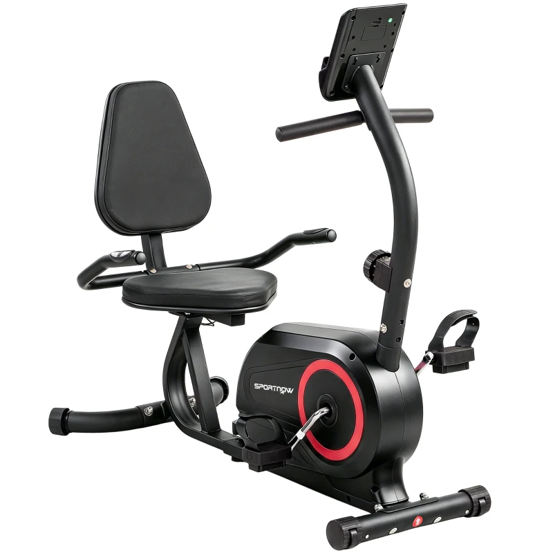 SPORTNOW Ergómetro reclinado para casa com 8 níveis de resistência ajustáveis, travão magnético, app, sensor de pulso, display LCD, correias para os pés