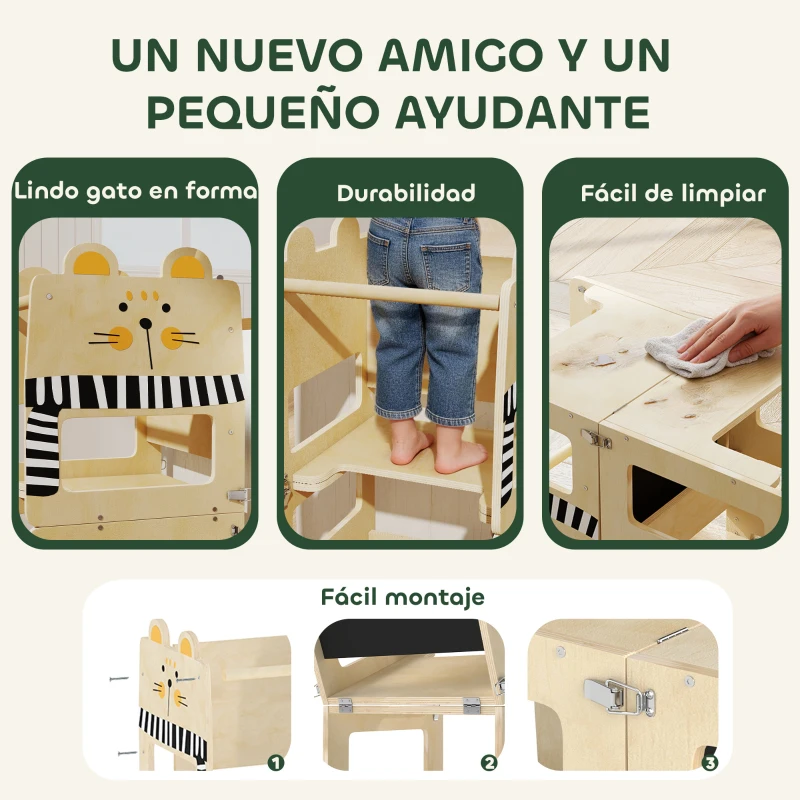 AIYAPLAY Torre de Aprendizaje 3 en 1 Plegable Convertible en Escritorio y Silla con Pizarra Dibujos de Gatos Natural