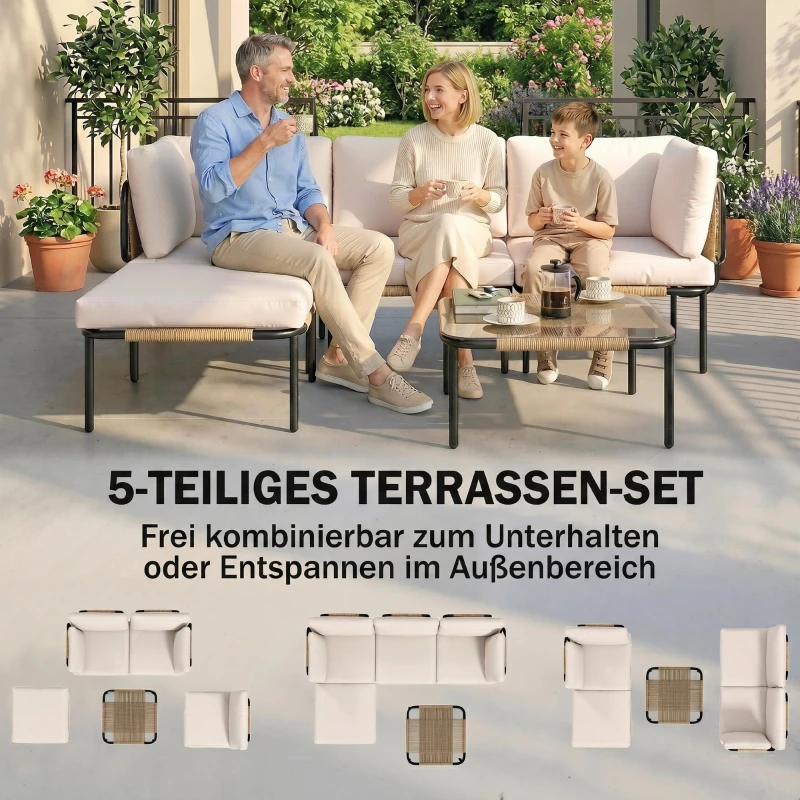 Outsunny Polyrattan Gartenmöbel Set 5-teilig Lounge Set mit 3 Sessel Glastisch Hocker Breit & Tief Sitz abnehmbar Kissen