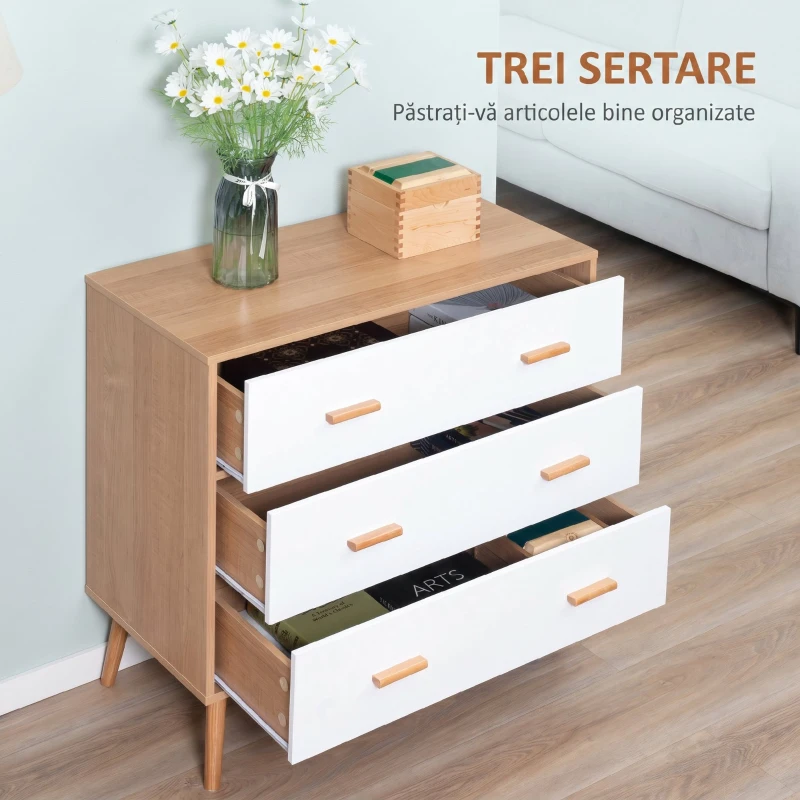 HOMCOM Comodă cu 3 sertare ridicată pentru living și dormitor, din lemn, 80x39x80 cm, alb și culoare lemn