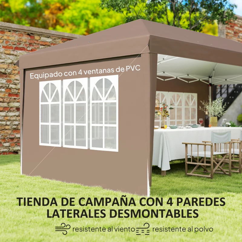 Outsunny Carpa Plegable 6x3 m Pop-up con 4 Laterales Desmontables Cenador de Jardín con 4 Ventanas y Bolsa de Transporte Café