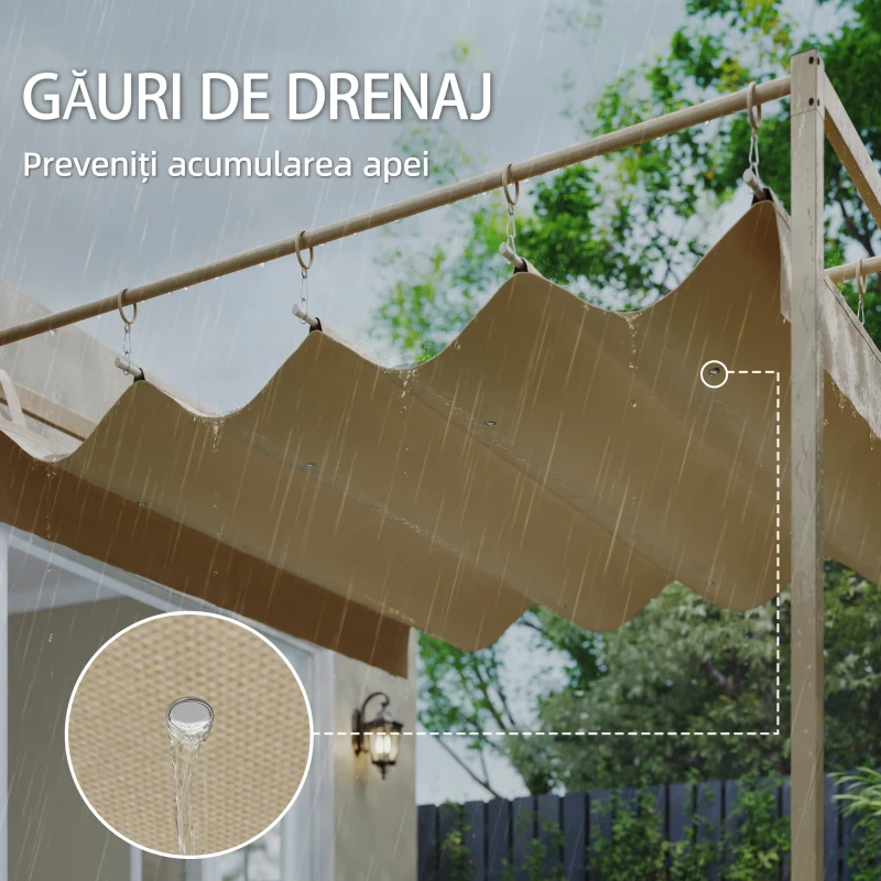 Outsunny Pergolă Gazebo 3x3 m cu Acoperiș Retractabil, Orificii de Drenaj, Pergolă de Grădină din Poliester și Oțel, pentru Patio, Terasă, Exterior, UV30+, Bej