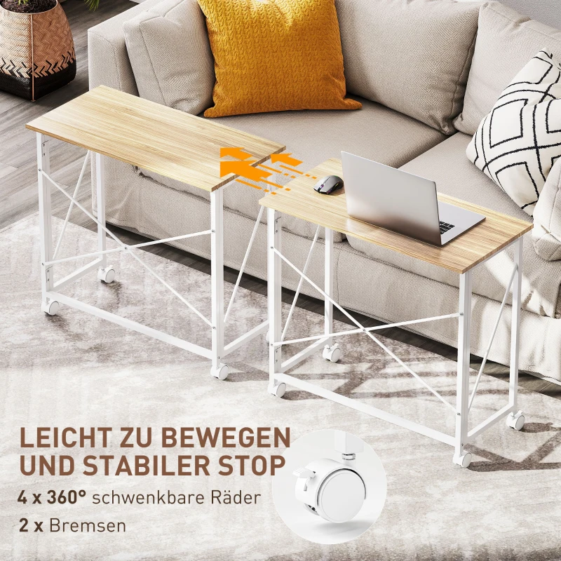 HOMCOM Klappbarer Schreibtisch mit Rädern, platzsparend, Stahl, MDF, Natur