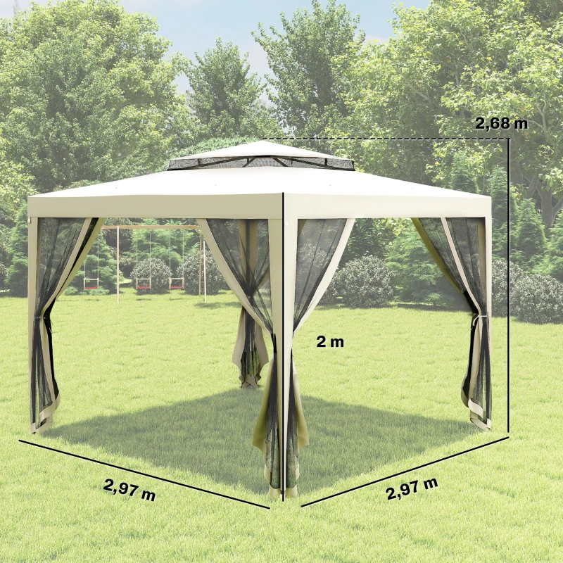 Outsunny Carpa de Jardín 3x3 m Cenador Gazebo con 4 Mosquiteras Laterales Techo Doble 8 Orificios de Drenaje Marco de Metal Crema