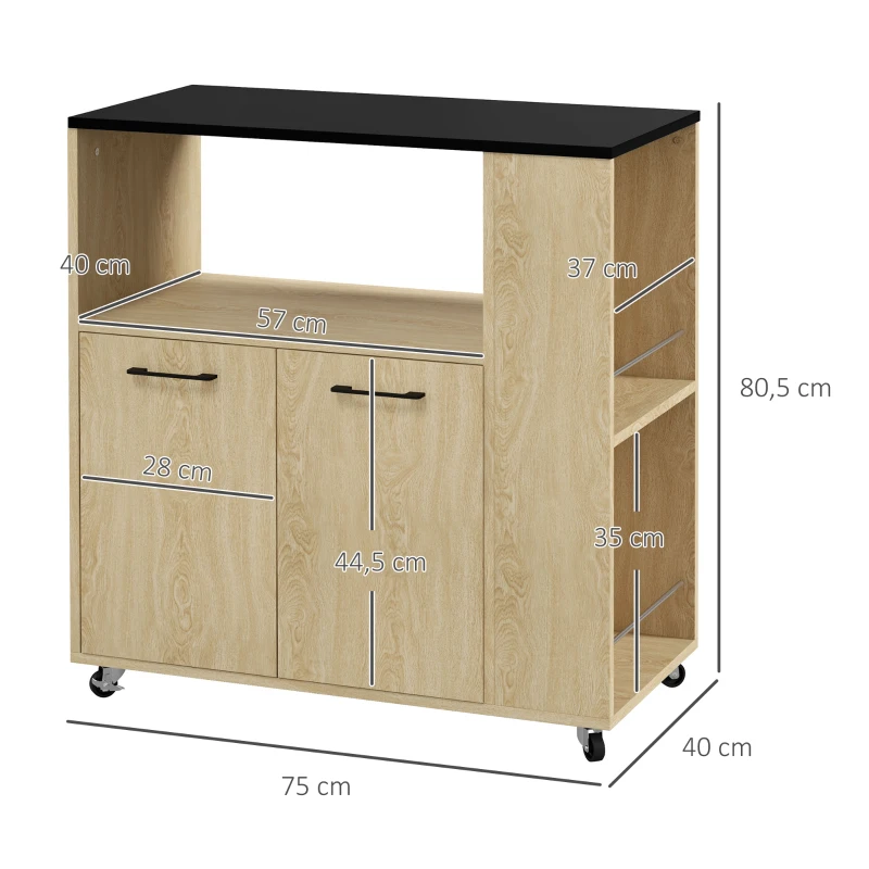 HOMCOM Carrito de Cocina con Ruedas 2 Puertas Estante Ajustable Especieros para Comedor 75x40x80,5 cm Natural