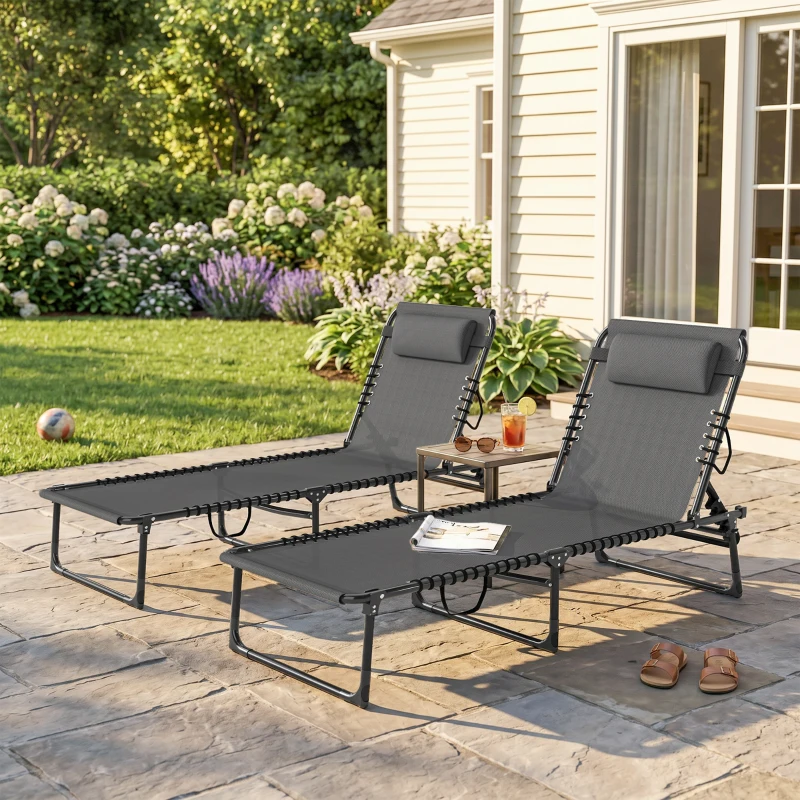 Outsunny Lot de 2 bain de soleil transat pliable dossier inclinable multi-positions acier lacets élastiques textilène gris
