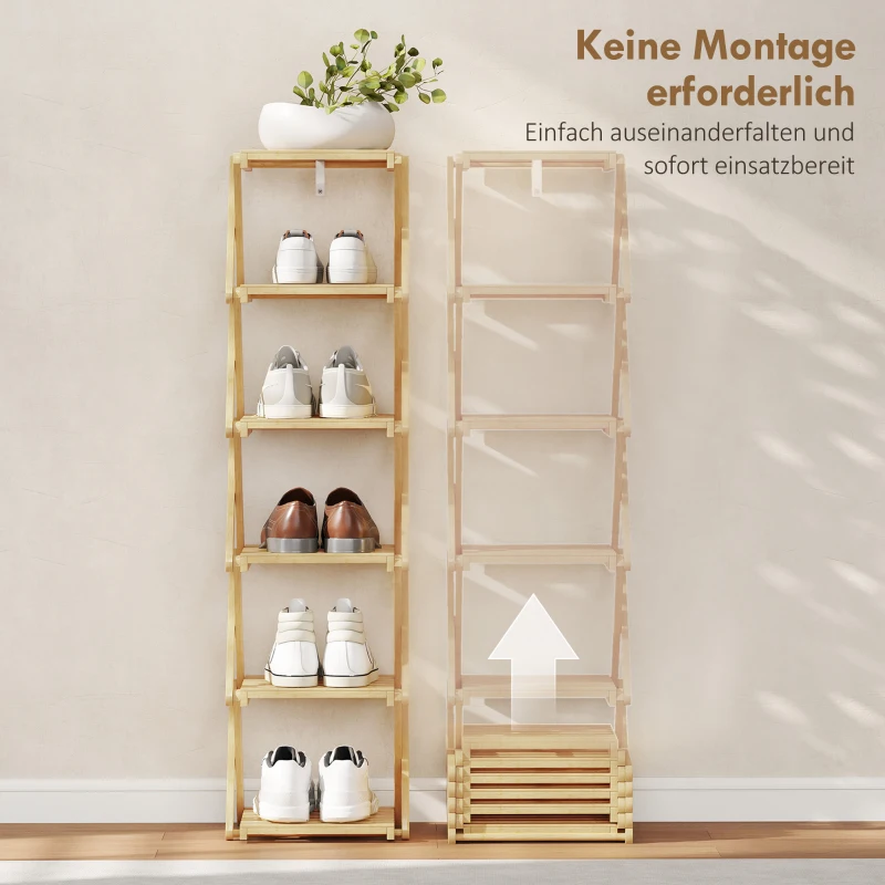 HOMCOM Schuhregal, klappbar Schuhständer mit 6 Ebenen aus Bambus, für max. 9 Paar Schuhe, 30 x 29 x 108 cm, Natur