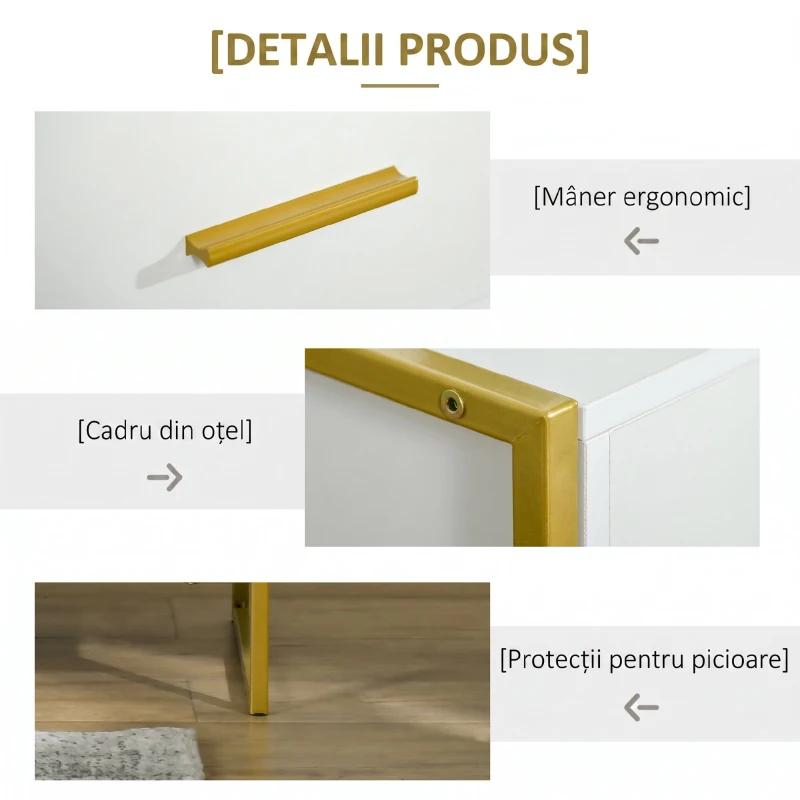 HOMCOM Set 2 noptiere moderne cu sertar și raft deschis din MDF și oțel, 45x40x60cm, alb și auriu