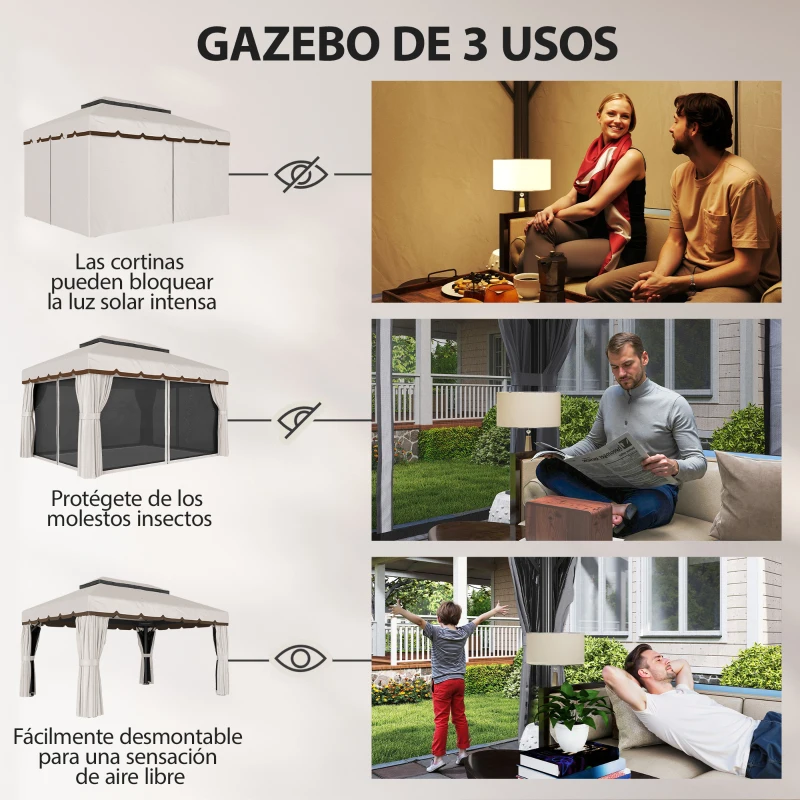 Outsunny Cenador de Jardín 4x3m Pabellón de Jardín Gazebo con Doble Techo 4 Cortinas y Mosquitera Marco de Aluminio UPF50+ Crema