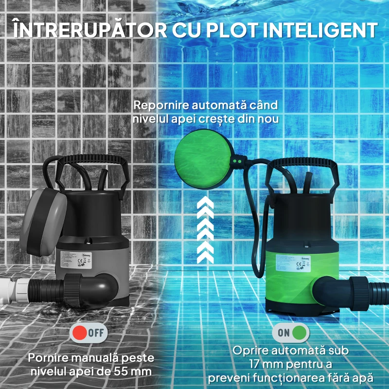 Outsunny Pompa de evacuare a apelor murdare/proaspete debit 9000L/h 400W adancime max. 15m intrerupator de plutire 16x14x27cm verde
