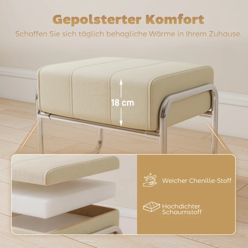 HOMCOM Fußhocker Sitzhocker Dick Gepolstert Hocker mit Chenille-Stoff Stahlbeinen für Schlafzimmer, Beige