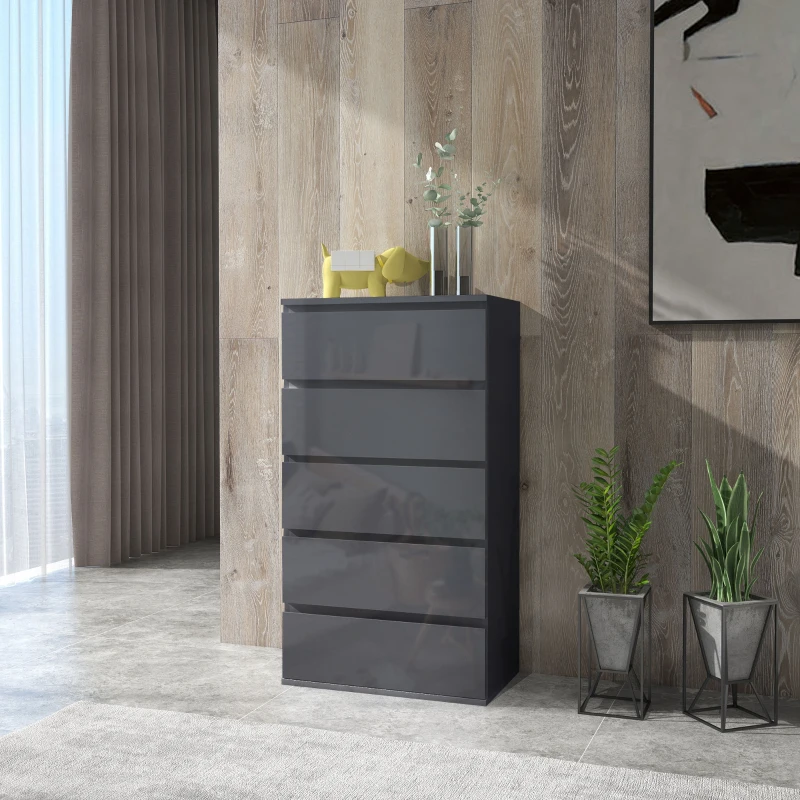 HOMCOM Commode 5 tiroirs sans poignées Moderne en Finition Laquée Grise - Grand Espace de Rangement