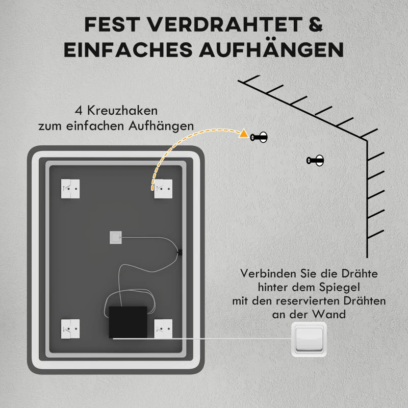 HOMCOM Badezimmerspiegel, beleuchtet, Touch-Steuerung, beschlagfrei, dimmbar, 3 Lichtfarben, 70x90, Silber