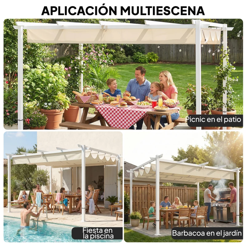 Outsunny Pérgola de Jardín 4x3 m con Techo Retráctil Protección UPF30+ Drenaje Cenador de Jardín para Patio Exterior Beige