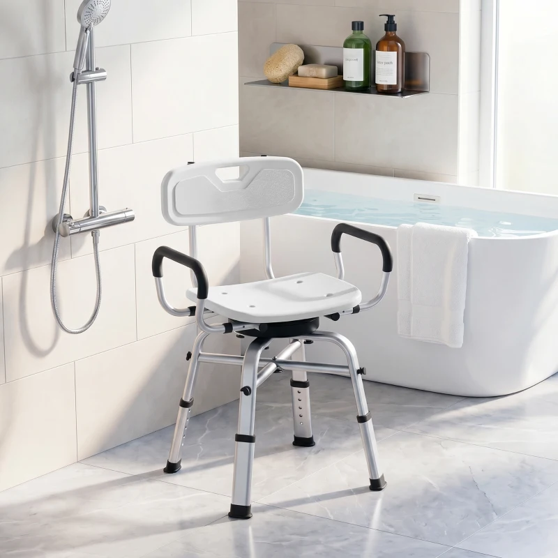 HOMCOM Cadeira para Duche Giratória com Altura Ajustável com Apoios de Braço, Encosto, Capacidade 150 kg, Branco