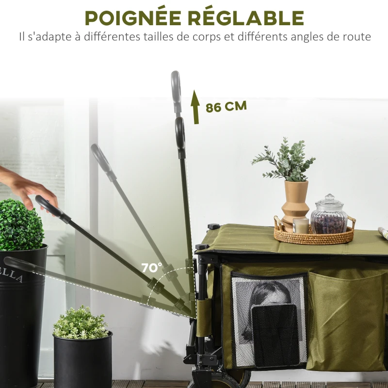 Outsunny Chariot de jardin pliable 4 roues bâche amovible poignée télescopique inclinaison réglable 5 sacs de rangement