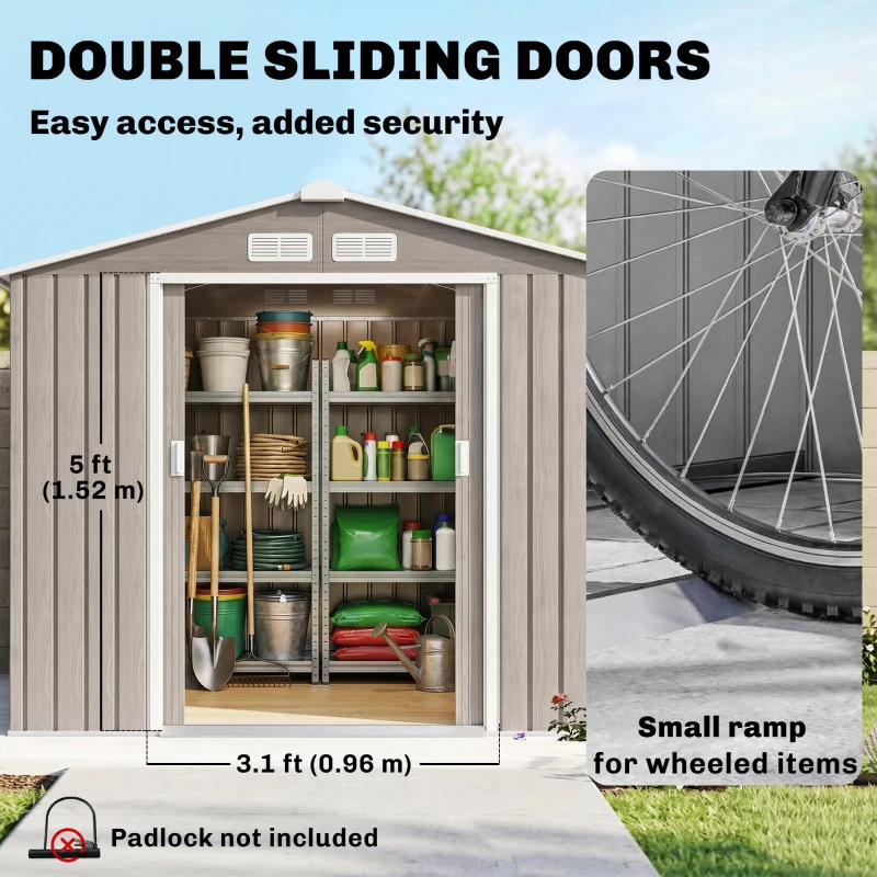 Outsunny Căsuță de Grădină din Metal cu Guri de Aerisire și Uși Duble Culisante, 2,1x1,3m, Maro Deschis(m-5)