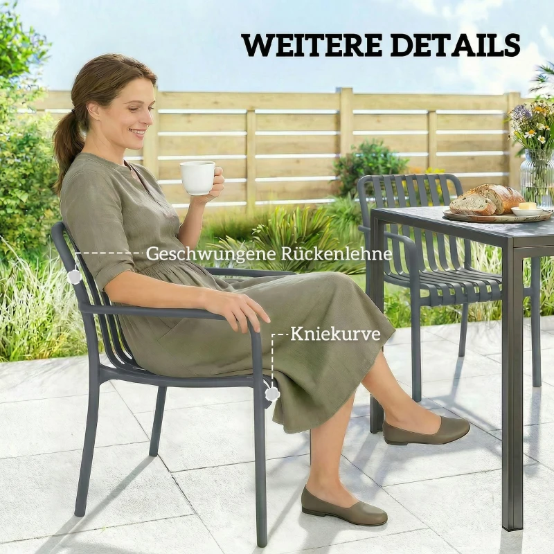 Outsunny Gartenstühle 4er Set Stapelbare Terrassenstühle mit Lamelldesign Armlehnen, Ergonomisch Dunkelgrau