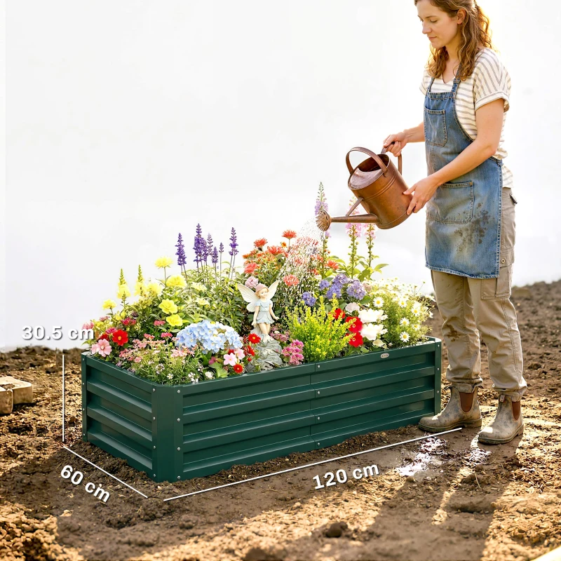 Outsunny Letto per Orto Rialzato a Fondo Aperto con Rivestimento, in Acciaio Zincato, 120x60x30.5 cm, Verde