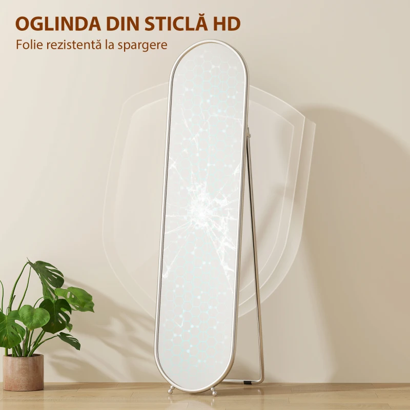 HOMCOM Oglindă de podea în mărime naturală cu suport pliabil, sticlă și metal, 40x4x160 cm, argintiu