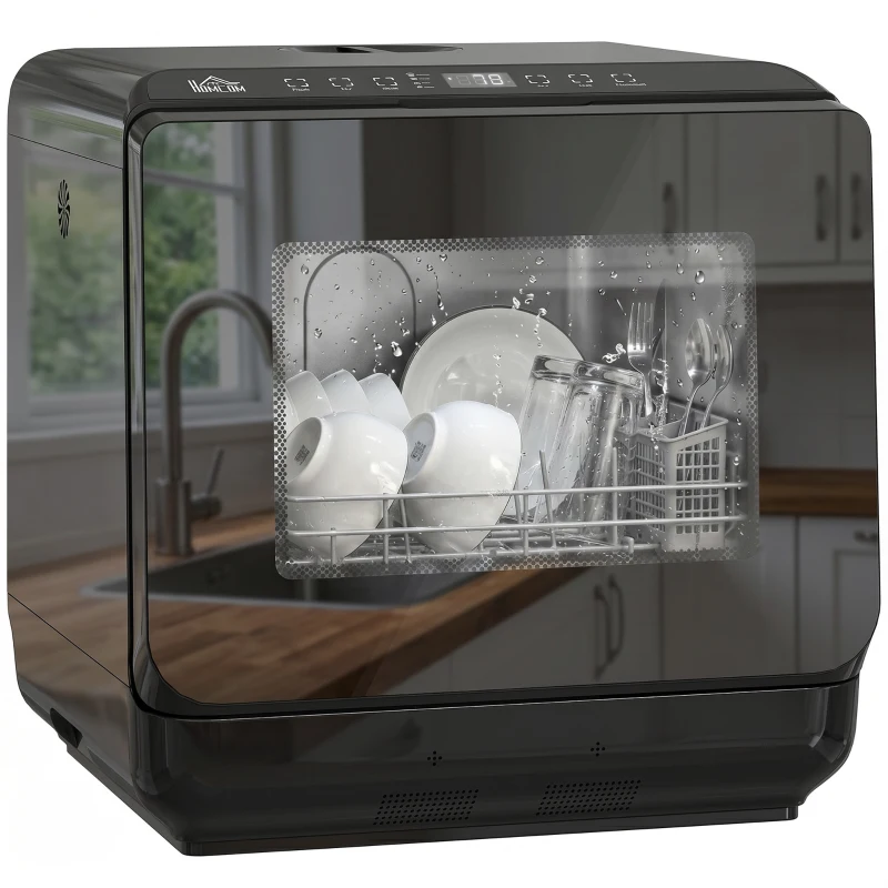 HOMCOM Lava-louças de bancada, mini lava-louças com depósito de 6 litros, 5 programas, visor LED, função de secagem, preto