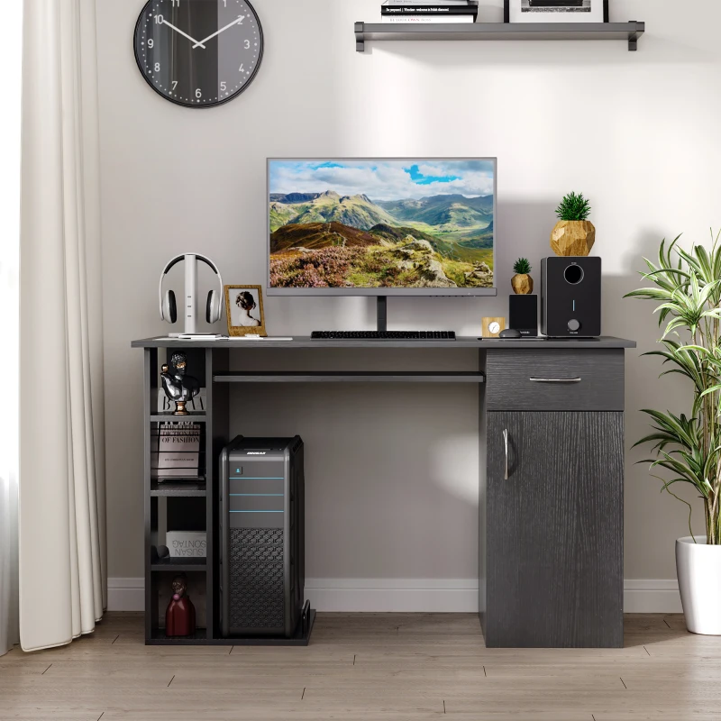 HOMCOM Secretária para Escritório com Prateleiras Abertas Gabinete Suporte para Cpu e Bandeja Removível 120x60x74 cm Preto