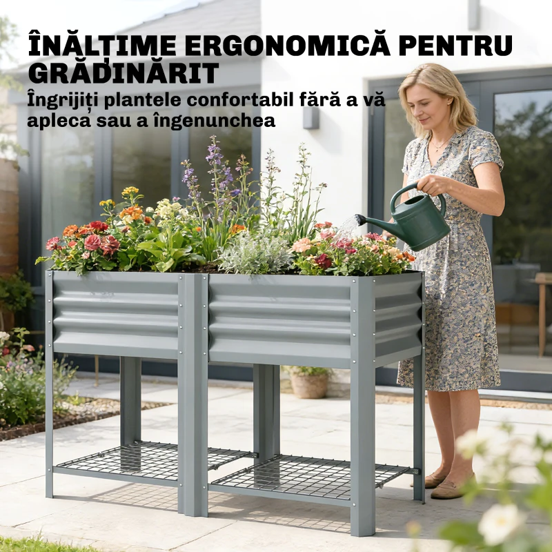 Outsunny Jardinieră Ridicată cu Raft de Depozitare, 150L, Oțel Galvanizat, Înălțime 80 cm, pentru Grădină sau Terasă