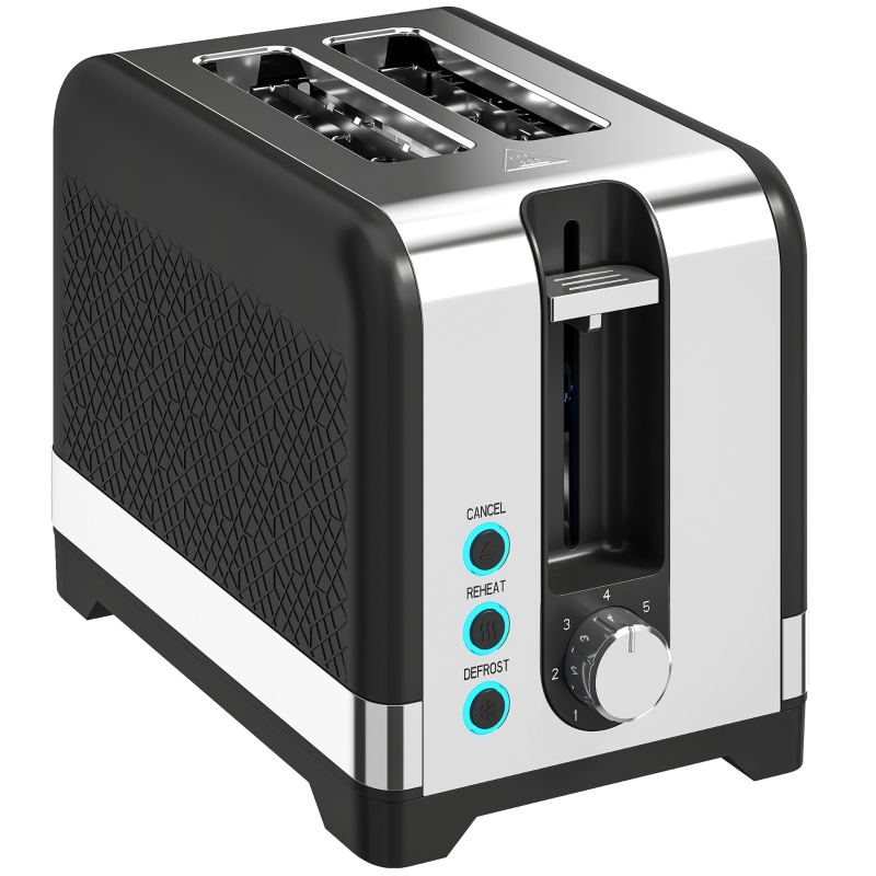 HOMCOM Tostador de 2 fatias com 7 níveis de tostagem, funções aquecer/descongelar/cancelar, grelha aquecedora, 930 W