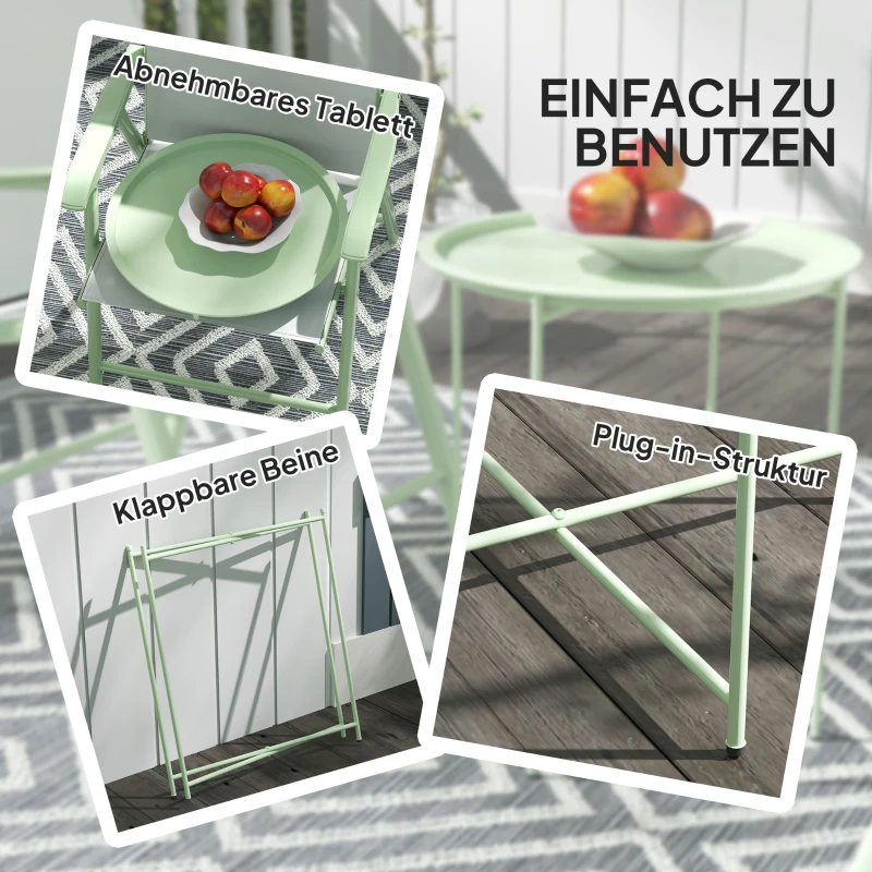 Outsunny Gartentisch, Runder Außen-Beistelltisch aus Stahl mit herausnehmbarem Tablett, faltbares Design, Terrassentisch, Grün