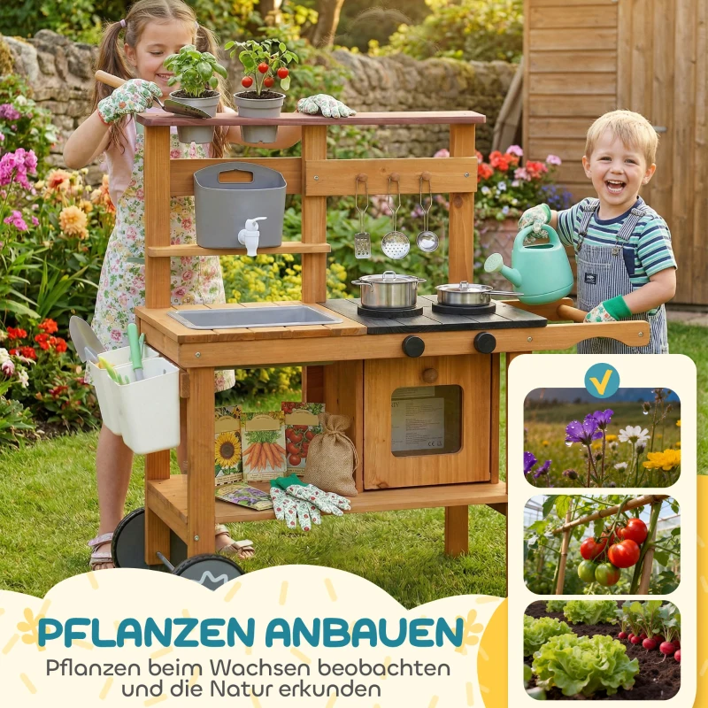 AIYAPLAY Matschküche Kinder Outdoor Spielküche aus Holz mit Wasserhahn Spüle Pflanzkasten Rädern Stauraum für 3-6 Jahre Braun