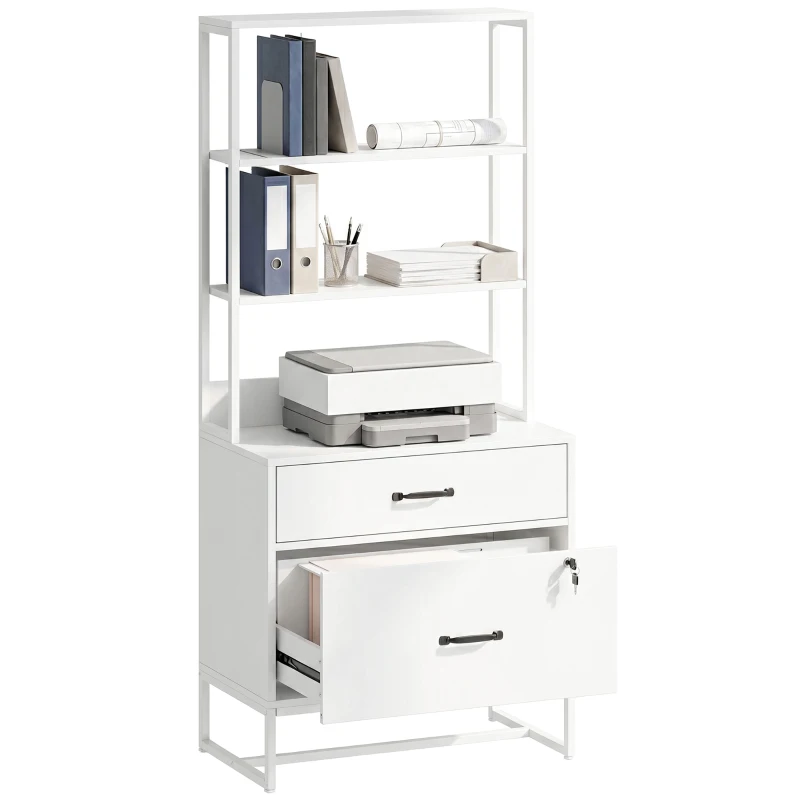 HOMCOM Meuble classeur avec étagère, 2 tiroirs, plateau pour imprimante, serrure, compatible A4 Letter Legal, blanc