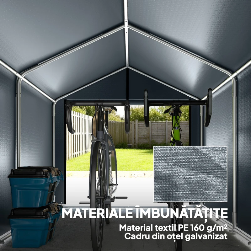 Outsunny Garaj cort cu material întărit impermeabil și intrare cu fermoar, din oțel galvanizat, 162x221,5x163 cm, gri