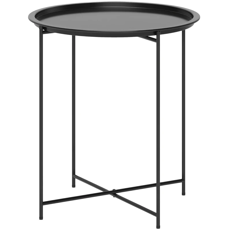 Outsunny Petite table basse ronde table d'appoint plateau amovible avec bord relevé pieds pliables en acier Ø 46 x 53 cm noir