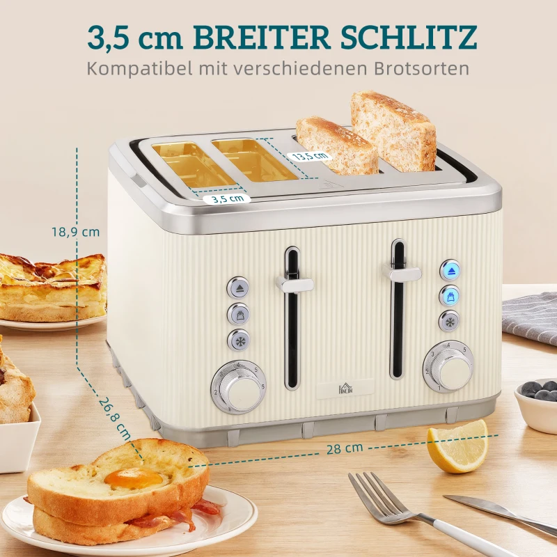 HOMCOM 2200W, 1,7L Wasserkocher mit Schnellkochfunktion, Entkalkungsfilter und 4-Scheiben-Toaster mit 7 Bräunungsstufen, Creme