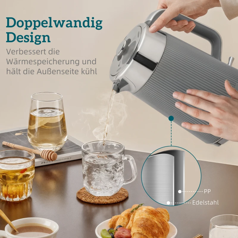 HOMCOM 2200W, 1,7L Wasserkocher mit Schnellkochfunktion, Entkalkungsfilter und 4-Scheiben-Toaster mit 7 Bräunungsstufen, Grau