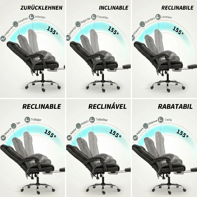 HOMCOM Chaise de bureau ergonomique, fauteuil de bureau inclinable avec repose-pieds, hauteur réglable, pivotante 360°, noir