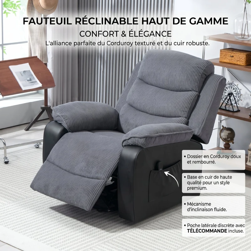 HOMCOM Fauteuil releveur électrique, fauteuil relax électrique velours côtelé, dossier inclinable, ports USB, 96x96x108cm, gris