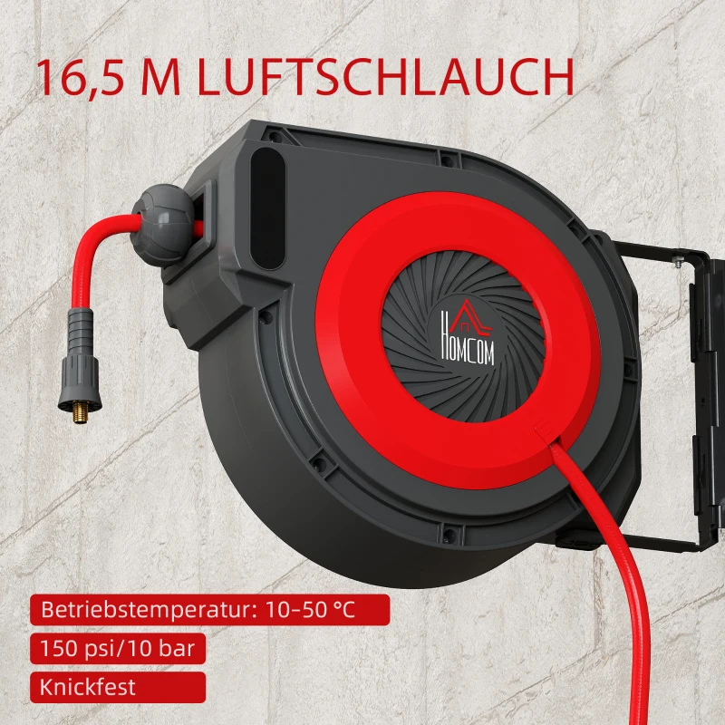 HOMCOM Schlauchtrommel mit Einzugs-Mechanismus, 16,5 m langer Schlauch, Wandmontage, Rot+Schwarz