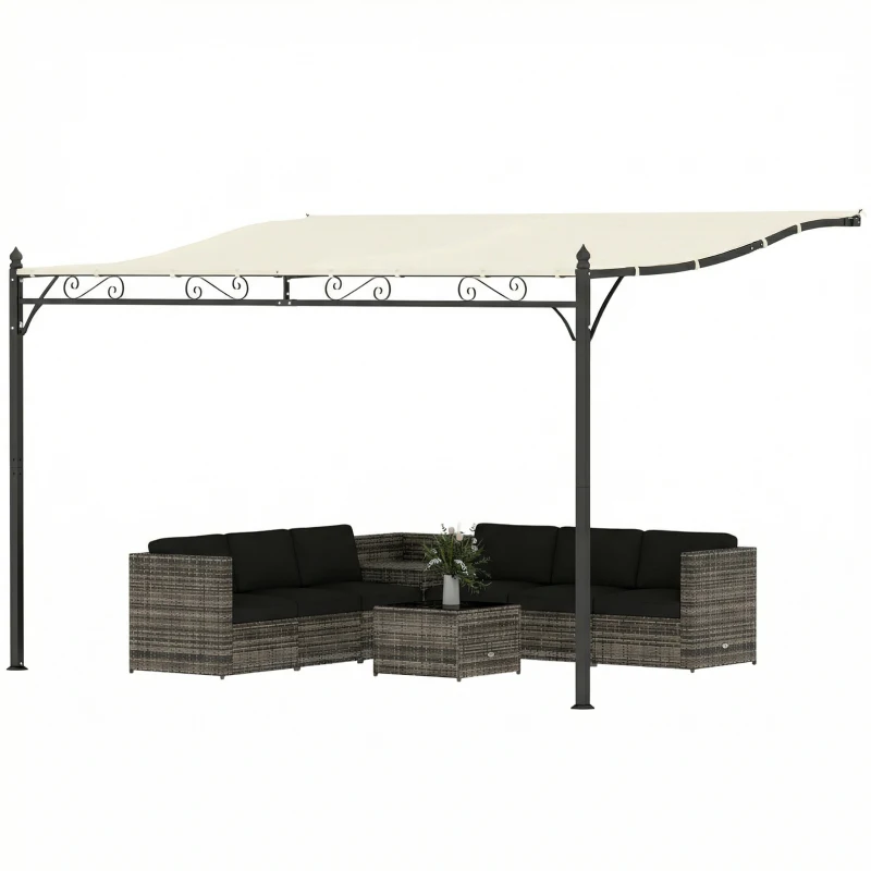 Outsunny Pérgola de Pared 2,5x3,5 m con Techo Inclinado Orificios de Drenaje y Estructura Metálica Blanco Crema