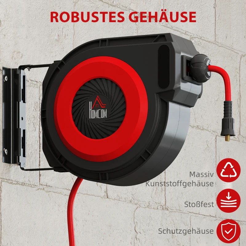 HOMCOM Schlauchtrommel mit Einzugs-Mechanismus, 16,5 m langer Schlauch, Wandmontage, Rot+Schwarz