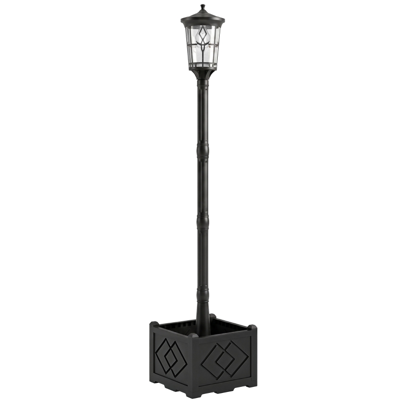 Outsunny Lampadaire Solaire Extérieur de Jardin avec Jardinière 2 Modes de Luminosité 100/50 lm IP44 Allumage/Extinction Automatique Noir