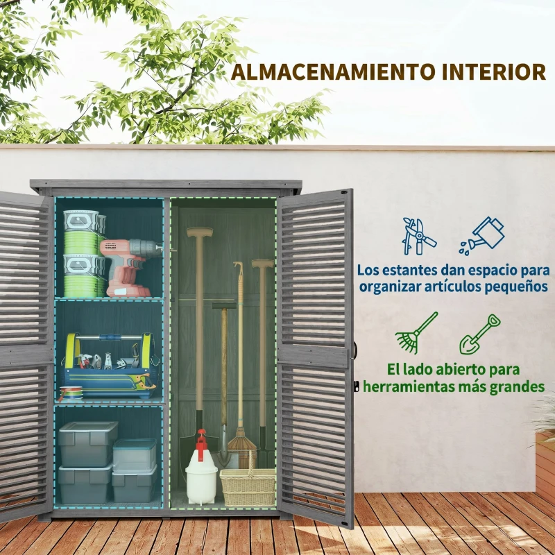 Outsunny Armario de Jardín 0,83 m² 127x65x168 cm con 2 Puertas de Persiana 2 Estantes 2 Asas y Techo Impermeable Gris