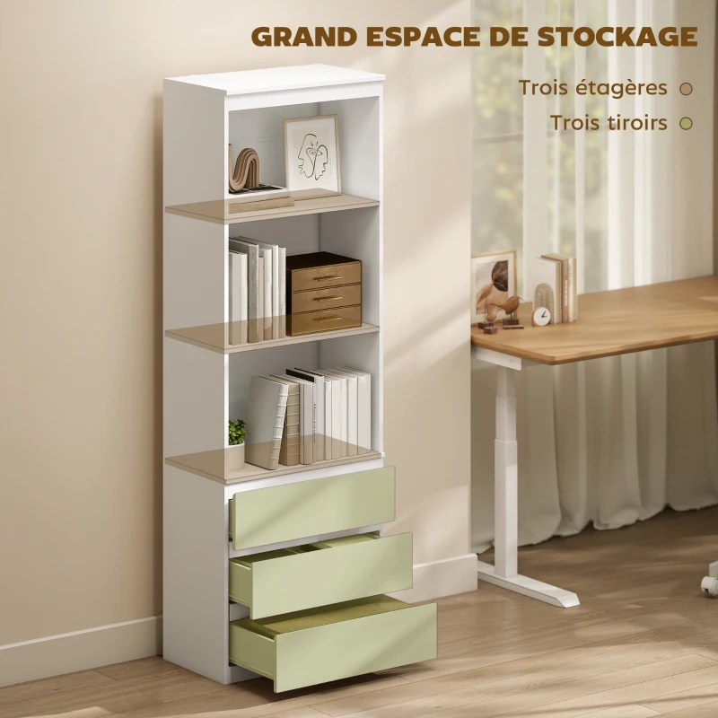 HOMCOM Bibliothèque haute de 180 cm avec 3 étagères et 3 tiroirs 60 x 35 x 180 cm en bois blanc