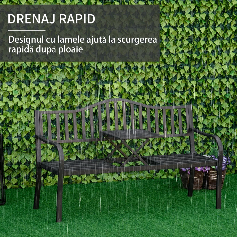 Outsunny, Băncuță de grădină, Cu masă de cafea integrată, Metal,150 x 58.5 x 90 cm, Negru